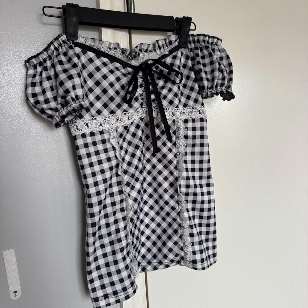Perfect Vintage Off-Shoulder Gingham Ruffle Ribbon Bow-Tie Puff-Sleeve Top Sz S